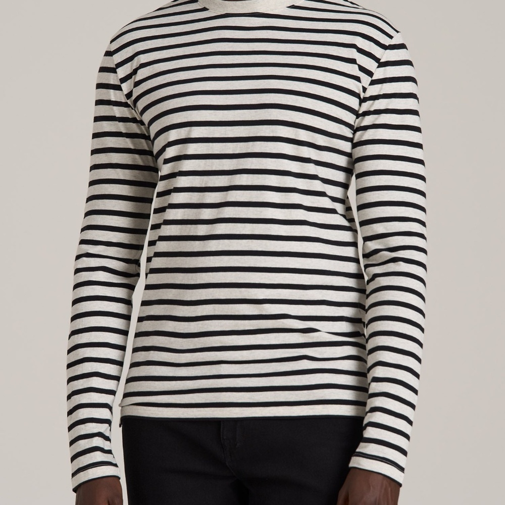 American Tall Long Sleeve Striped Tall Men's Tee in Beige Heather and Black Stri